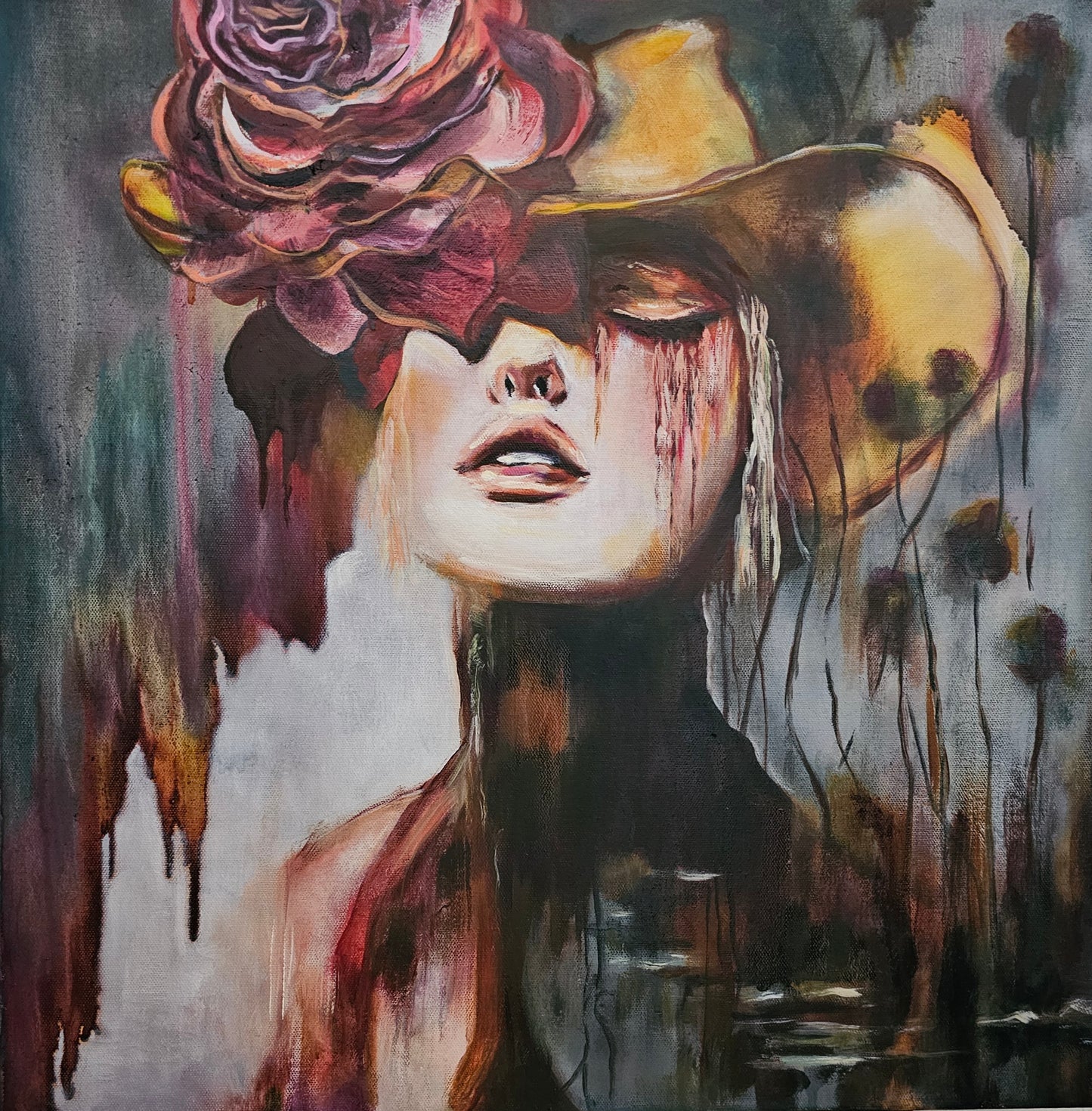 Oil painting titled “Consequence of Beauty” depicting a woman’s face titled upward with closed eyes, adorned with a large dark pink rose with dripping paint effects throughout in muted tones of purple, brown, and gray.