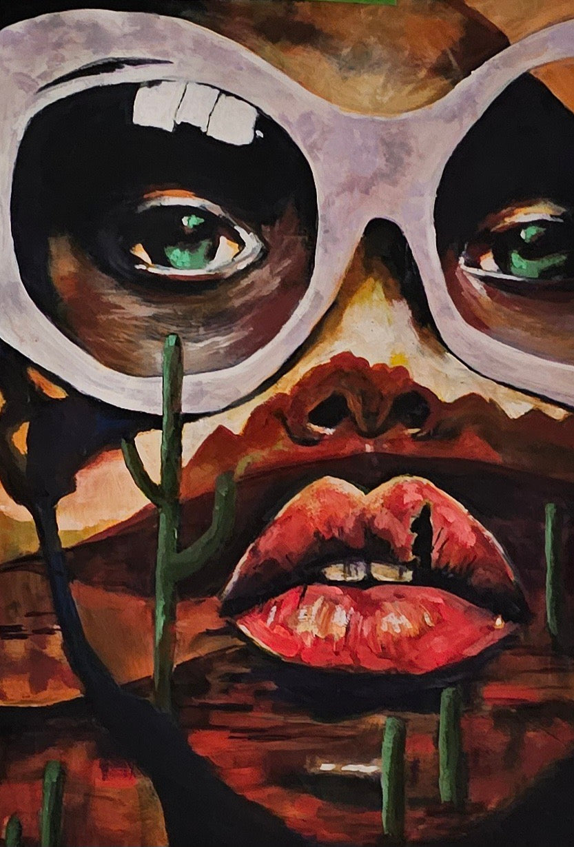 Oil painting titled “Sacred Disguise” that depicts a face wearing lavender framed glasses with green eyes, featuring expressive coral pink lips and desert landscape with cacti integrated into the composition in warm earth tones.