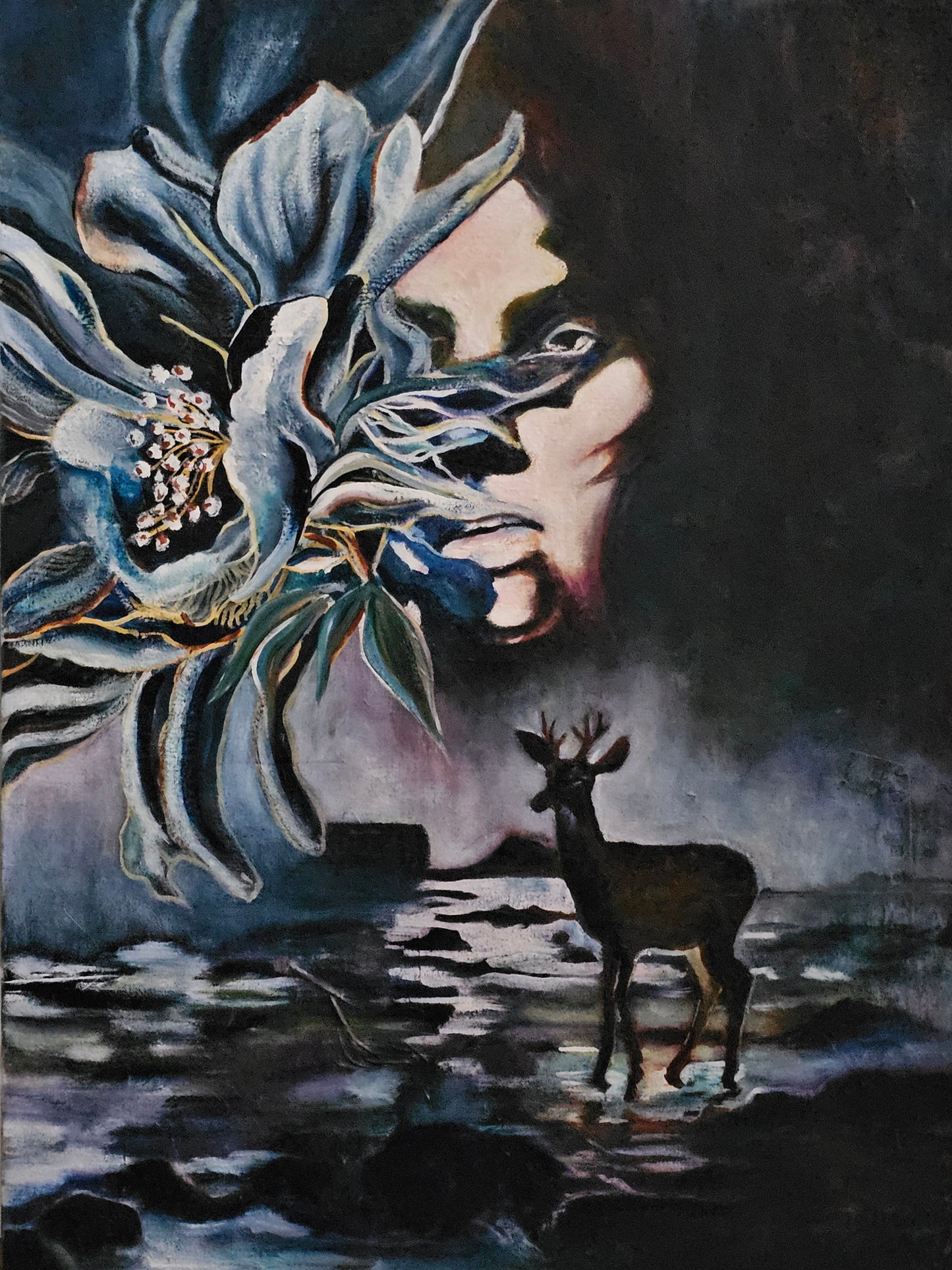 Oil painting titled “Watcher in the Woods” featuring a woman’s pale face merged with a large blue flower, her features partially obscured by flowing petals, with a silhouetted deer standing in dark water below against a moody gray background.