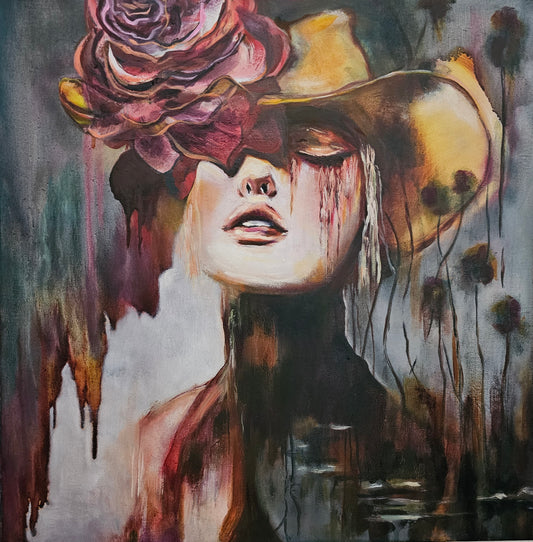 Oil painting titled “Consequence of Beauty” depicting a woman’s face titled upward with closed eyes, adorned with a large dark pink rose with dripping paint effects throughout in muted tones of purple, brown, and gray.