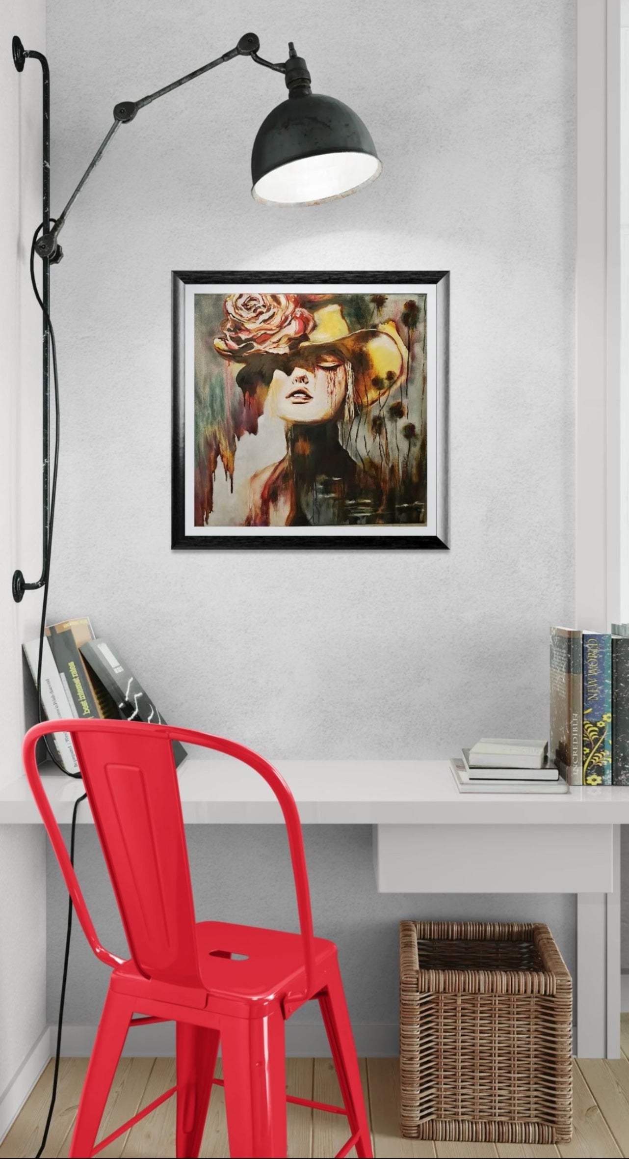 Oil painting titled “Consequence of Beauty” in a dorm room or office setting.