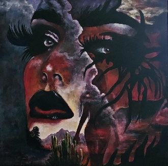 Oil painting titled “Crimson Gaze” features a surreal composition of a woman’s face with dramatic eyes and dark lips merged with a desert landscape containing cacti, mountains, and silhouetted spikes in moody tones of rust, purple, and gray.
