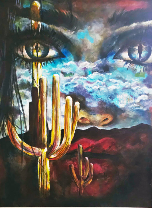 Oil painting titled “Translucent Watcher” features surreal piercing blue-gray eyes emerging from dramatic storm clouds where the eyes hold a woman’s silhouette about a desert landscape with saguaro cacti silhouetted against mountains.