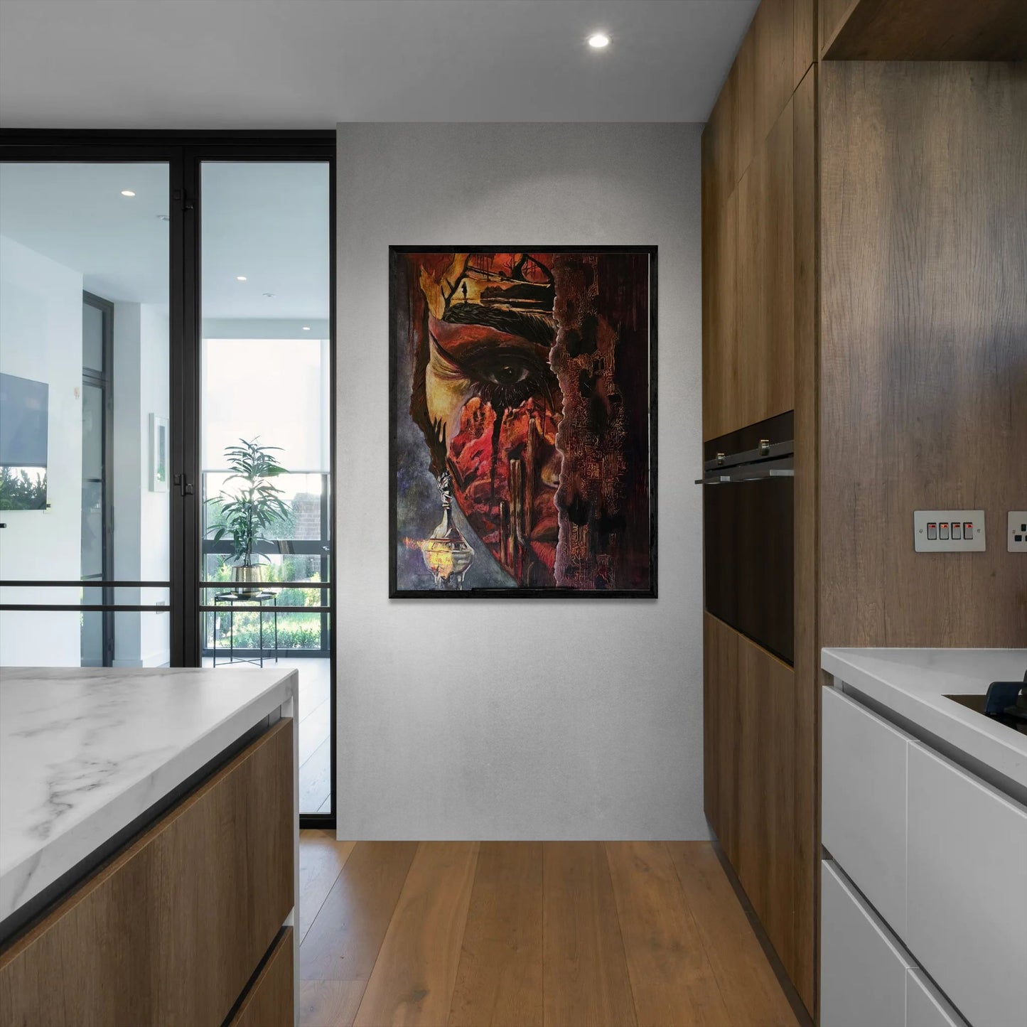 Oil painting titled “Veil of the Witness” in a kitchen setting.