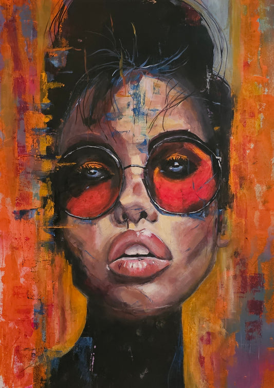 Oil painting titled “Discovery” featuring a woman’s face with large round orange tinted sunglasses, full lips, and dark hair against a vibrant orange and blue abstract background.