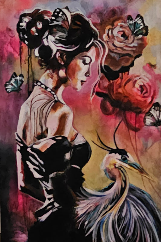 Oil painting titled “Herons Grace” depicts a woman in profile with elaborate dark hair adorned with roses and butterflies, reaching toward a heron, rendered in pink, purple, and earth tones with flowing, expressive brushwork.