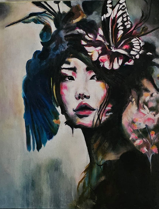 Oil painting titled “Jasmine Night” depicting a woman’s face with pink flushed cheeks and dark pink lips, adorned with butterflies, a blue bird, and pink flowers in her dark hair against a muted grey background.