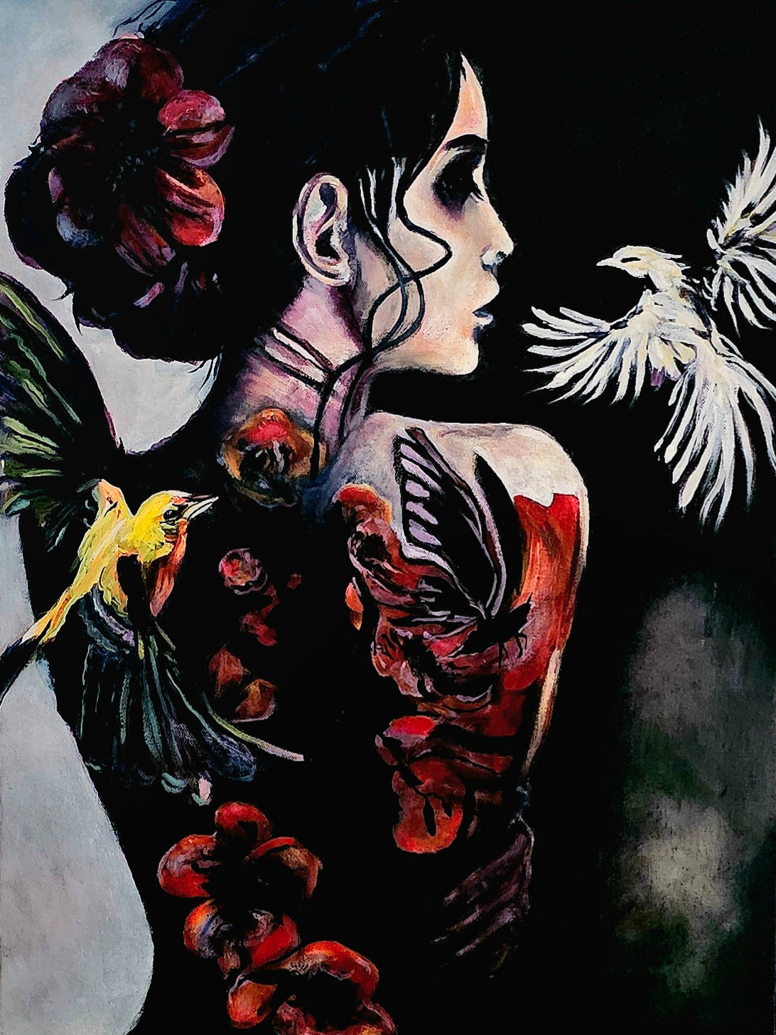 Oil painting titled “Secret Symphony” featuring a woman’s profile surrounded by colorful tropical birds and floral elements in pink, coral, and purple against a dark background.