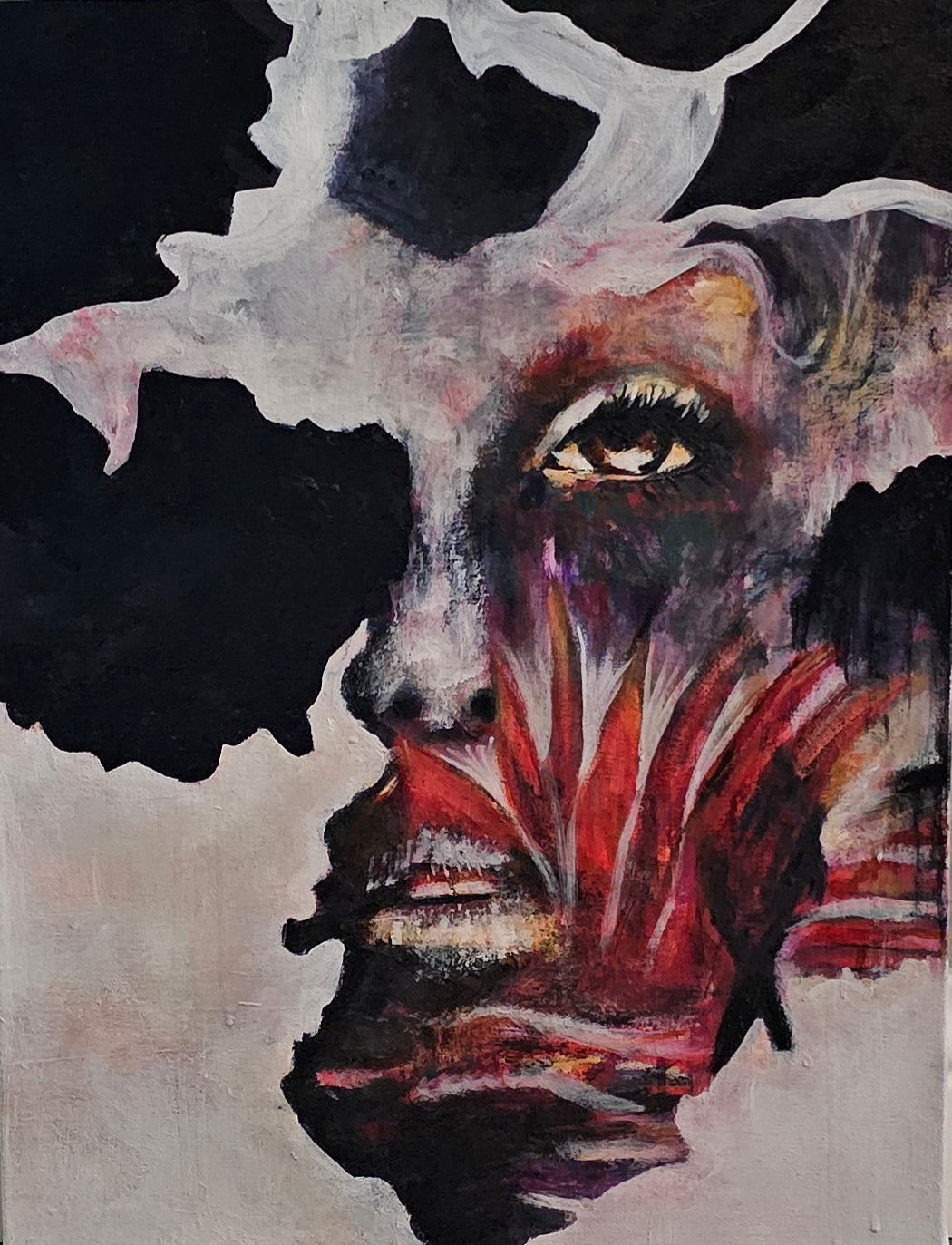 Abstract oil painting titled “Untamed Explorer” of a fragmented face with dramatic contrasts between white, black, and reddish-purple tones, featuring a visible eye with white lashes and red petal-like forms emerging from the mouth area.